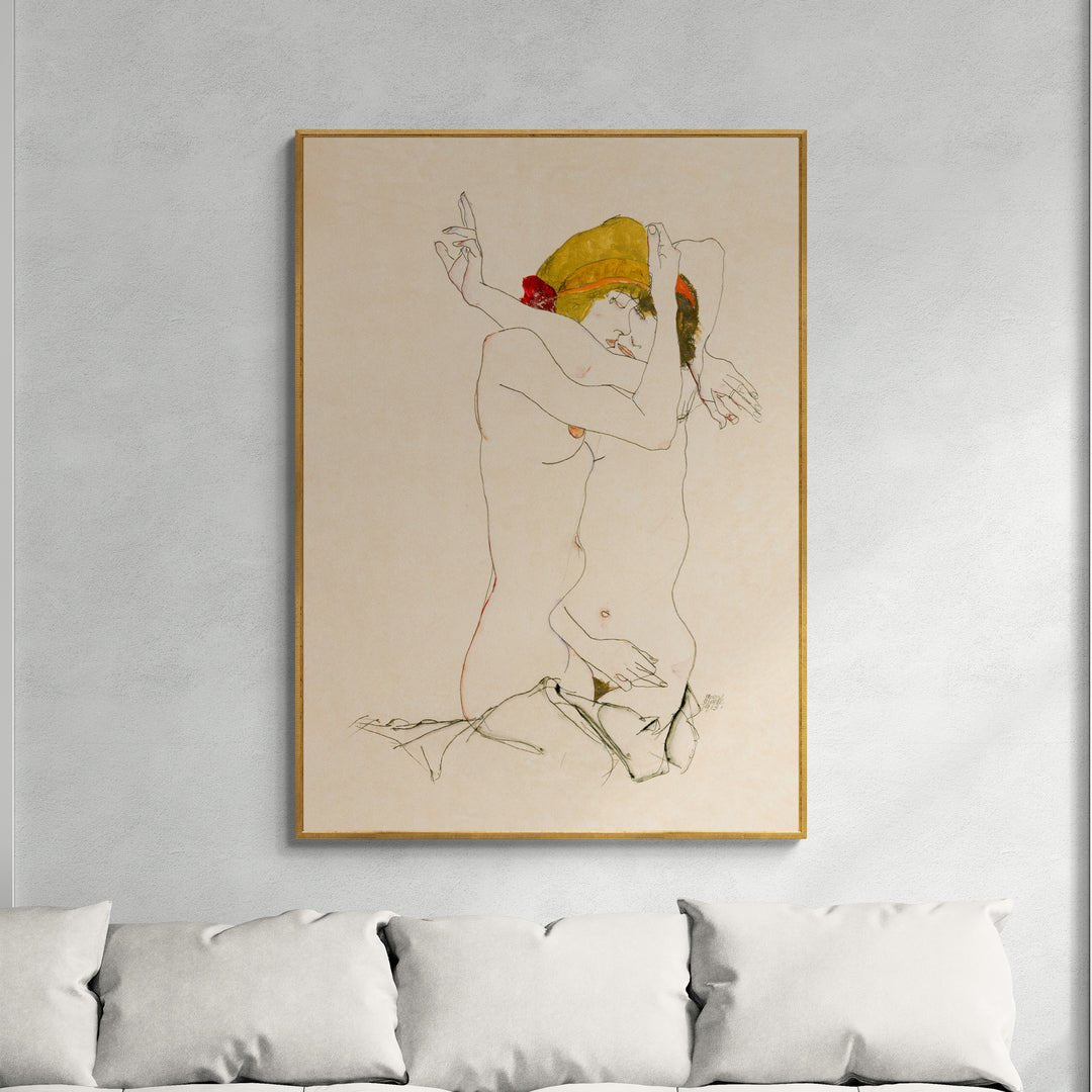 due donne che si abbracciano schiele stampa su policotone ArteInVendita