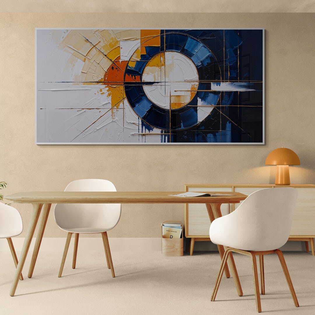 "Opera d’arte astratta con struttura geometrica e colori materici"