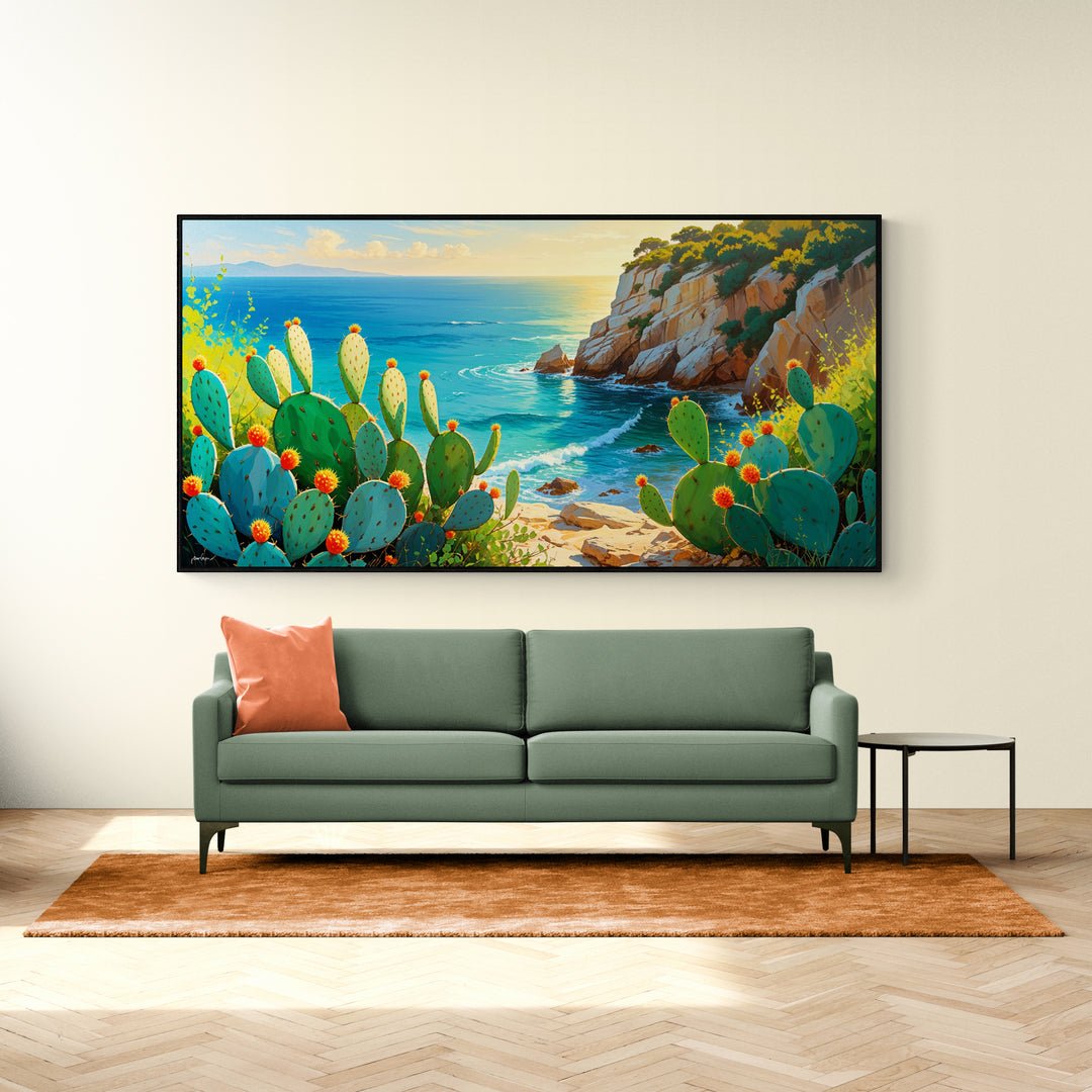 Stampa artistica con fichi d’India rigogliosi e cielo limpido sopra il mare