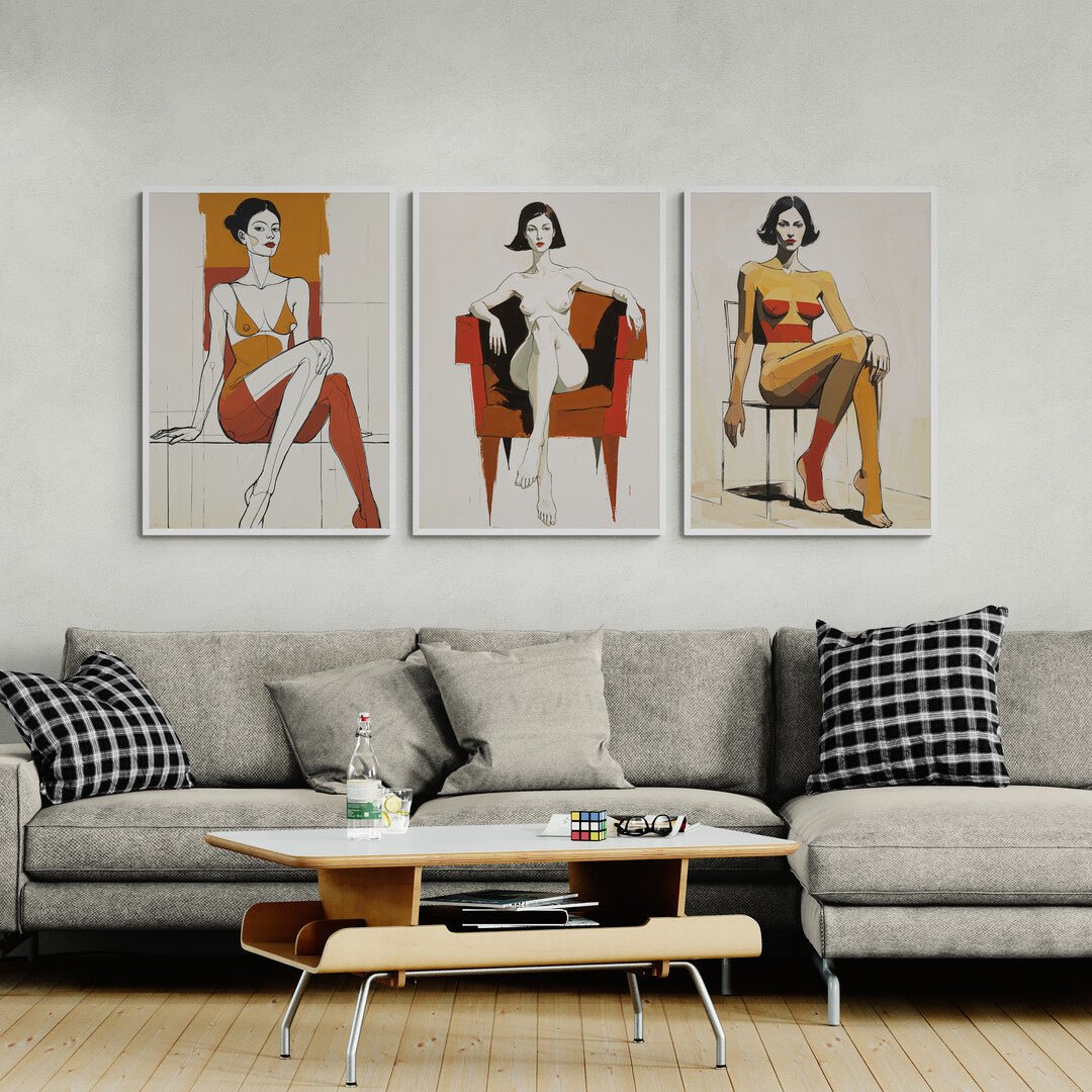 Arte figurativa geometrica con soggetti femminili su fondo neutro