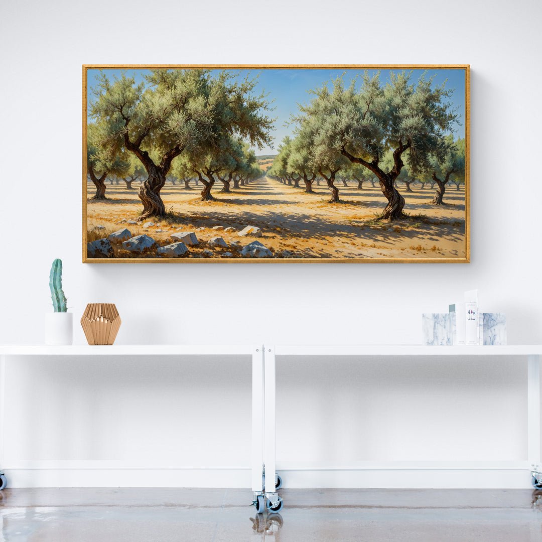 Stampa artistica di campagna con ulivi e cielo limpido
