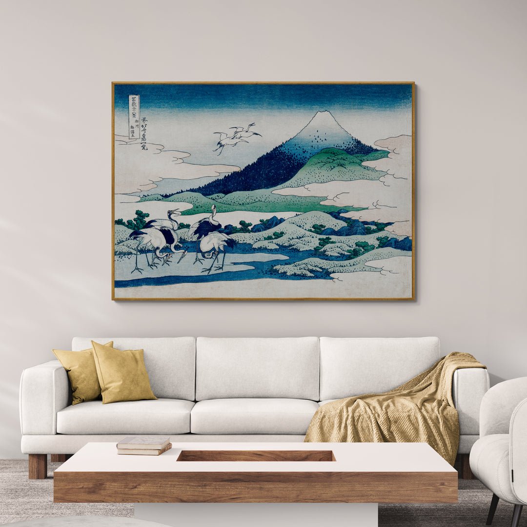 Hokusai paesaggio tradizionale con uccelli e montagne