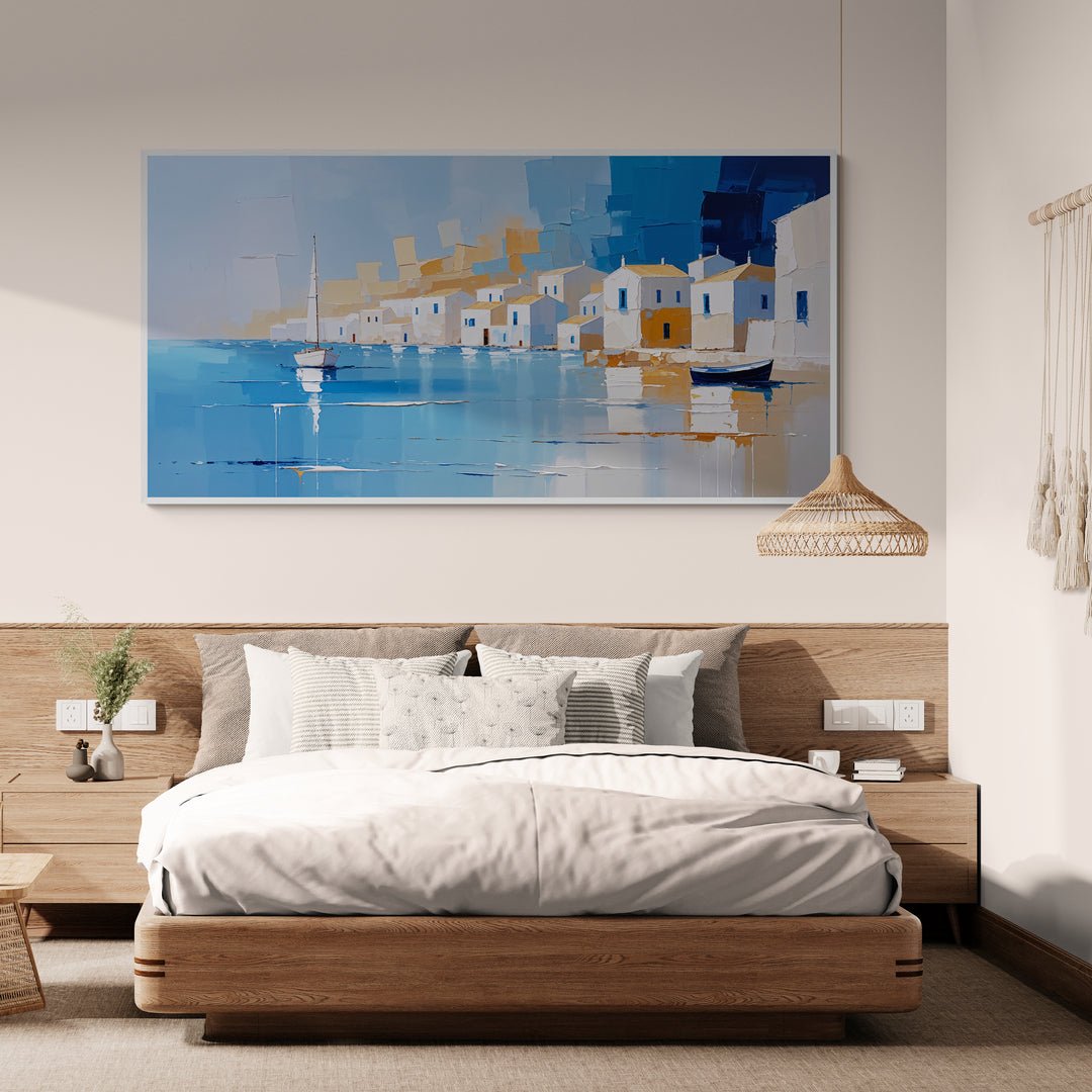 stampa su policotone panorama costiero moderno blu e beige