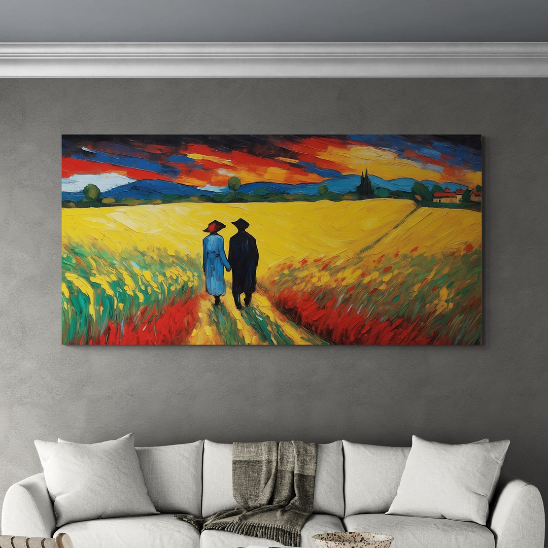 Arte moderna su tela con paesaggio rurale e coppia