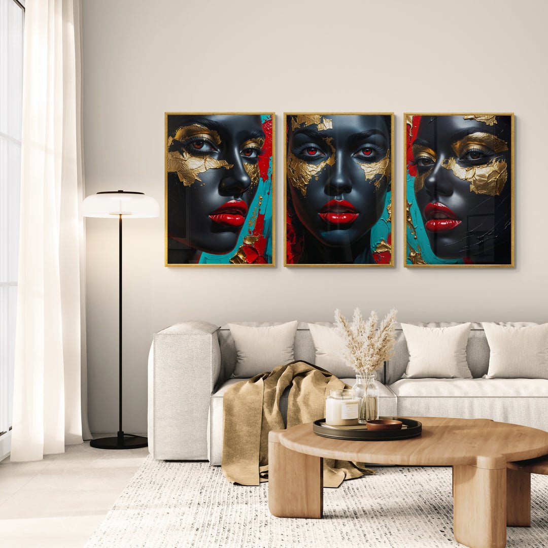 Oro Nero – Trittico Moderno su Tela con Volto Femminile e Foglia Oro