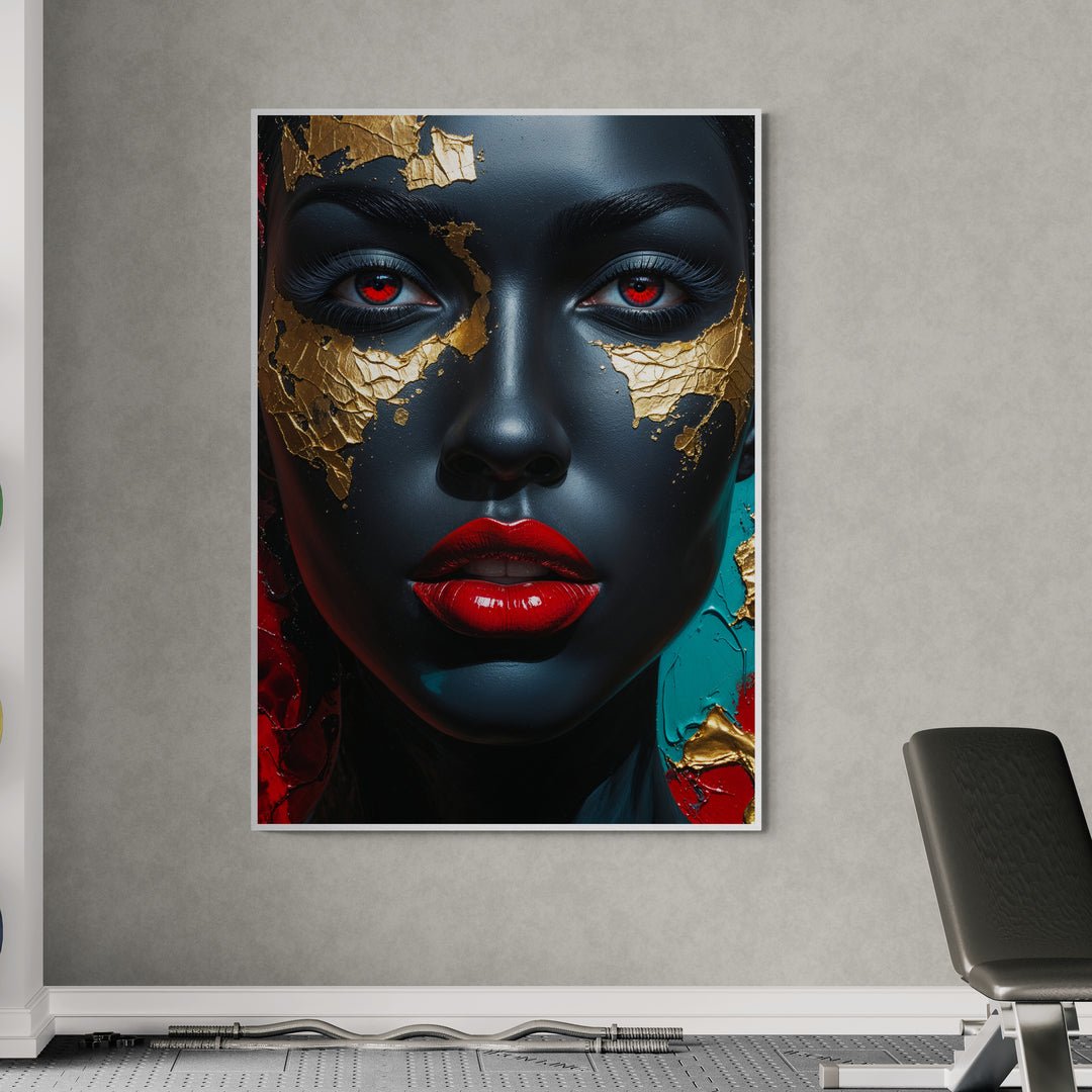 Primo piano di volto femminile in stile glamour con foglia oro e occhi rossi – quadro su tela Oro Nero