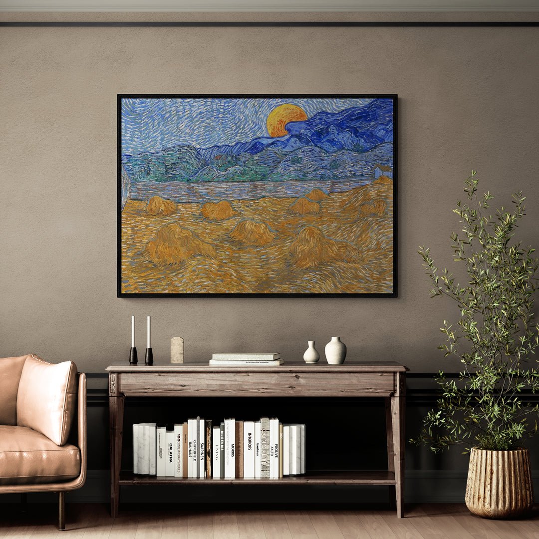 Riproduzione artistica di Van Gogh con grano e paesaggio montano