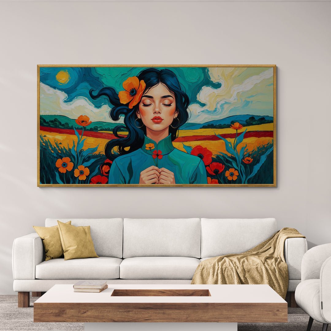 Arte moderna su tela con colori accesi e atmosfera onirica