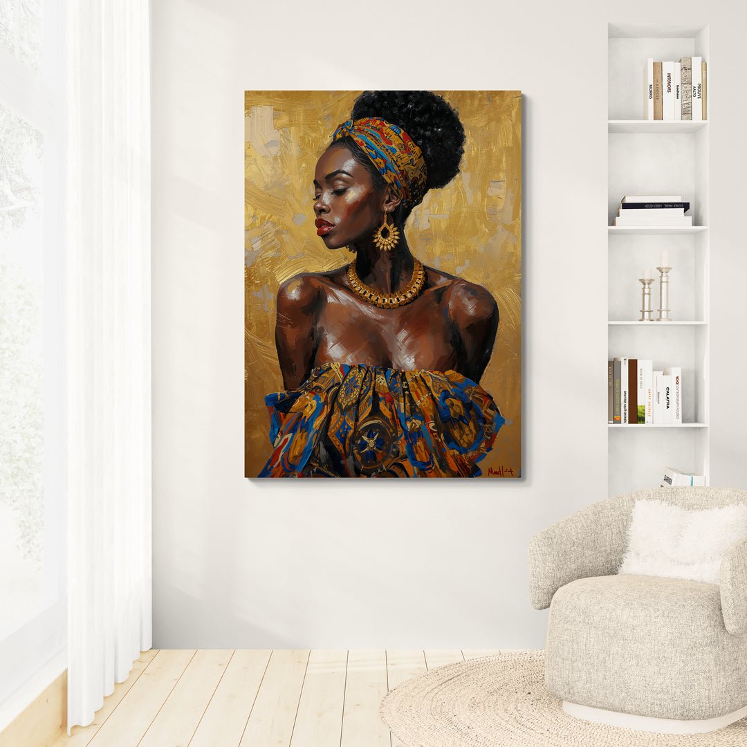 Donna nera fiera in abiti tradizionali con sfondo artistico