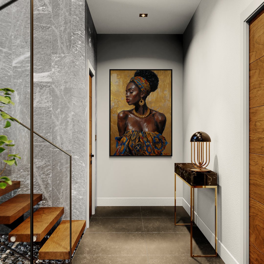 Ritratto artistico di donna africana con gioielli dorati e turbante colorato
