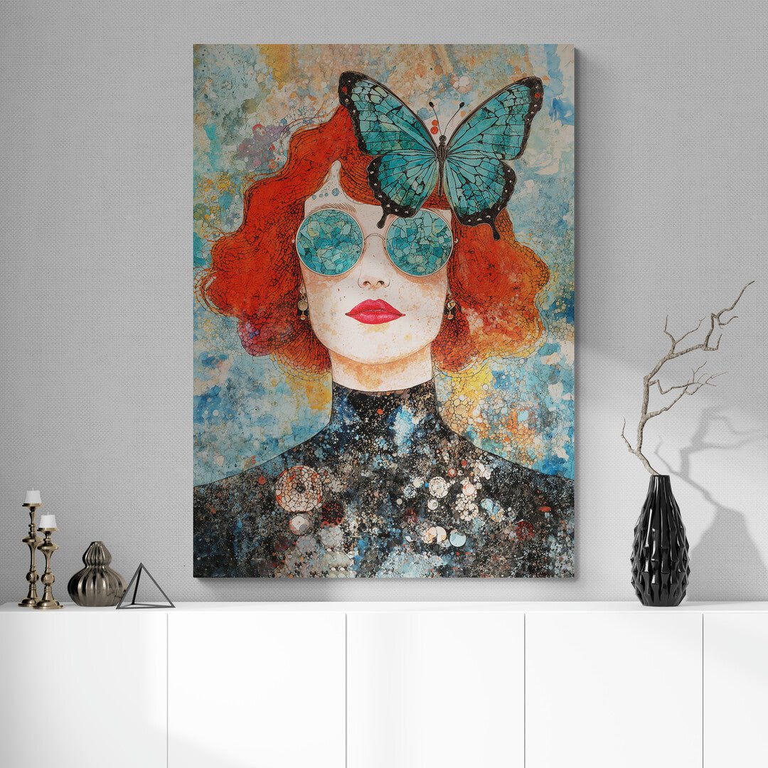 Quadro moderno con farfalla simbolica e sguardo riflessivo