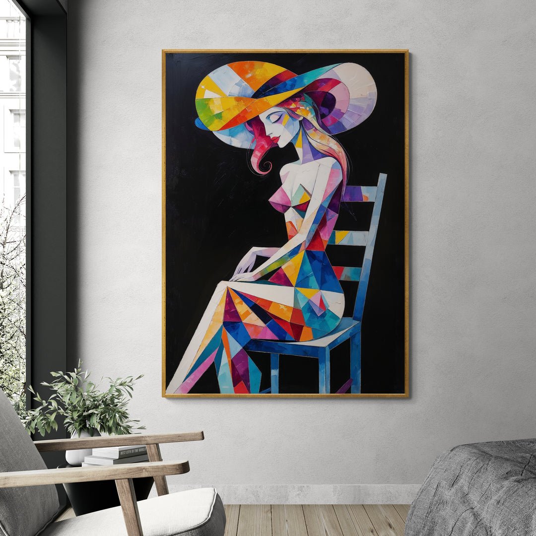 poster cubista ispirazione picasso donna seduta con cappello grande