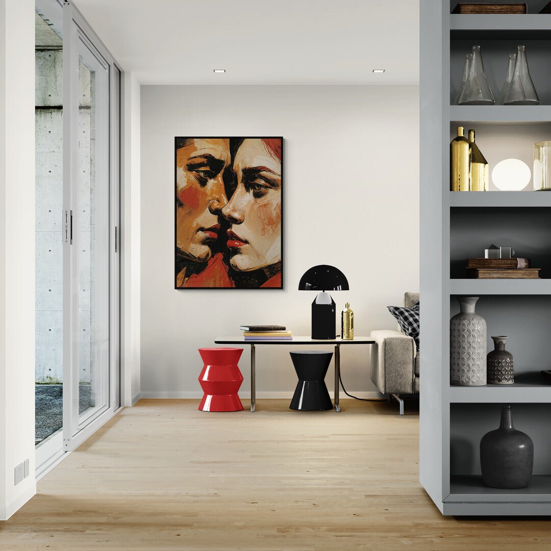 Simulazione del quadro "Sospesi nel Silenzio" in soggiorno minimal
