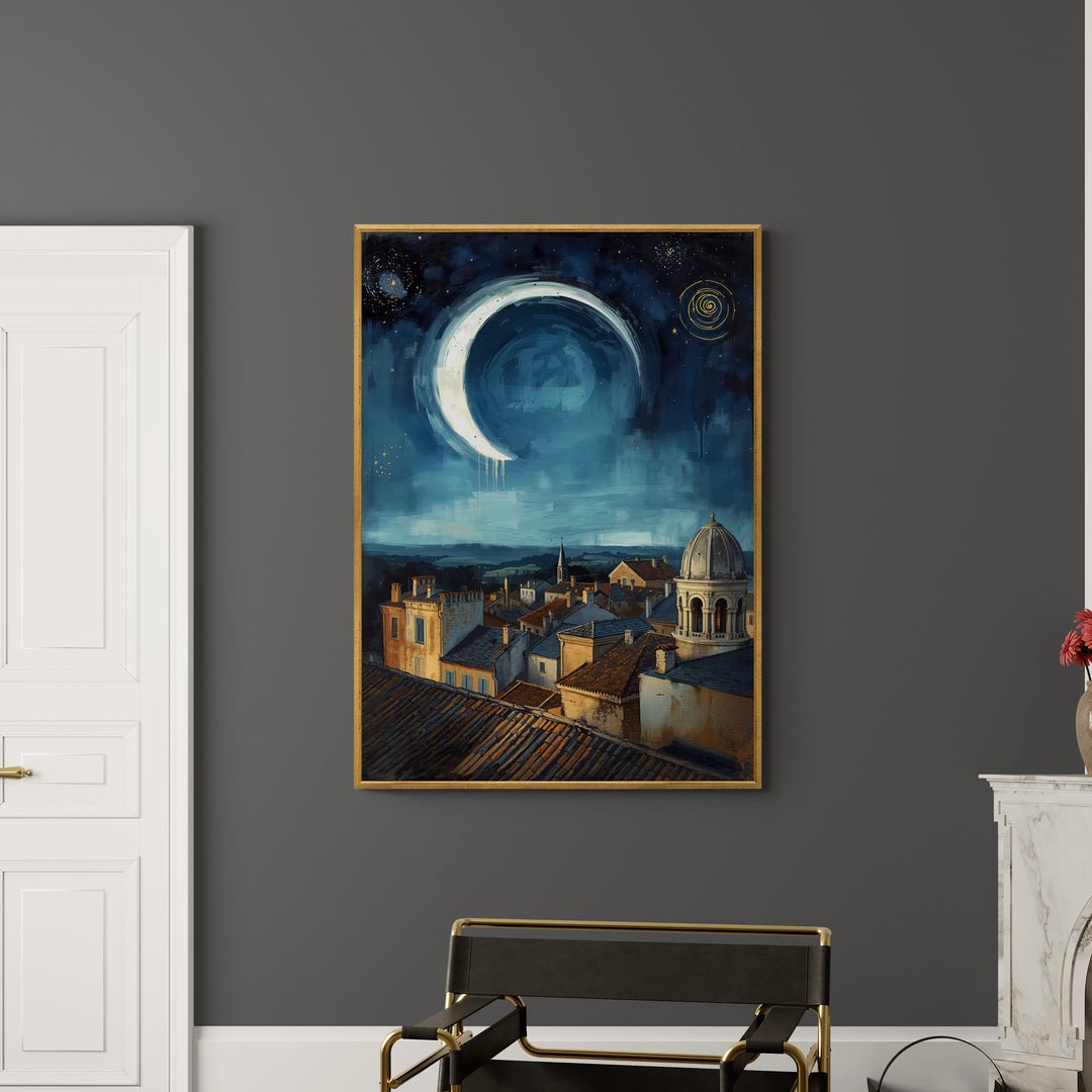 Stampa decorativa con cielo blu e elementi architettonici