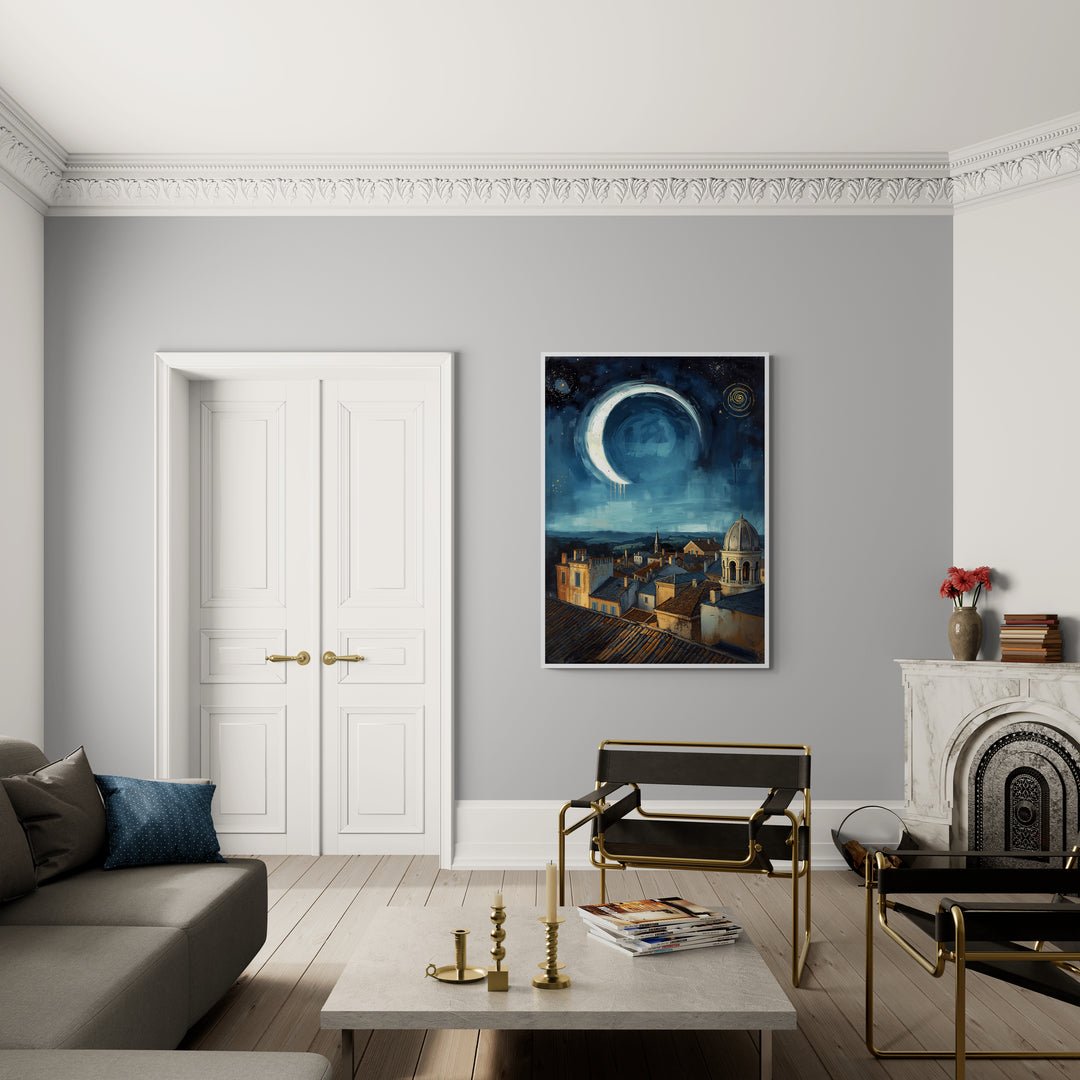 Scena notturna immaginaria con luna brillante e cielo profondo
