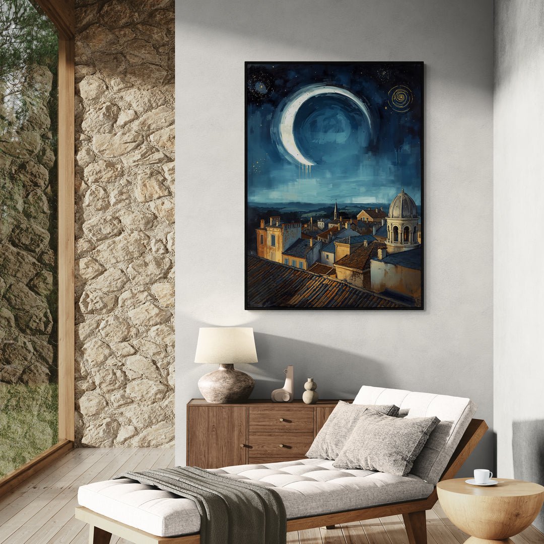 Stampa artistica con luna crescente su paesaggio urbano notturno