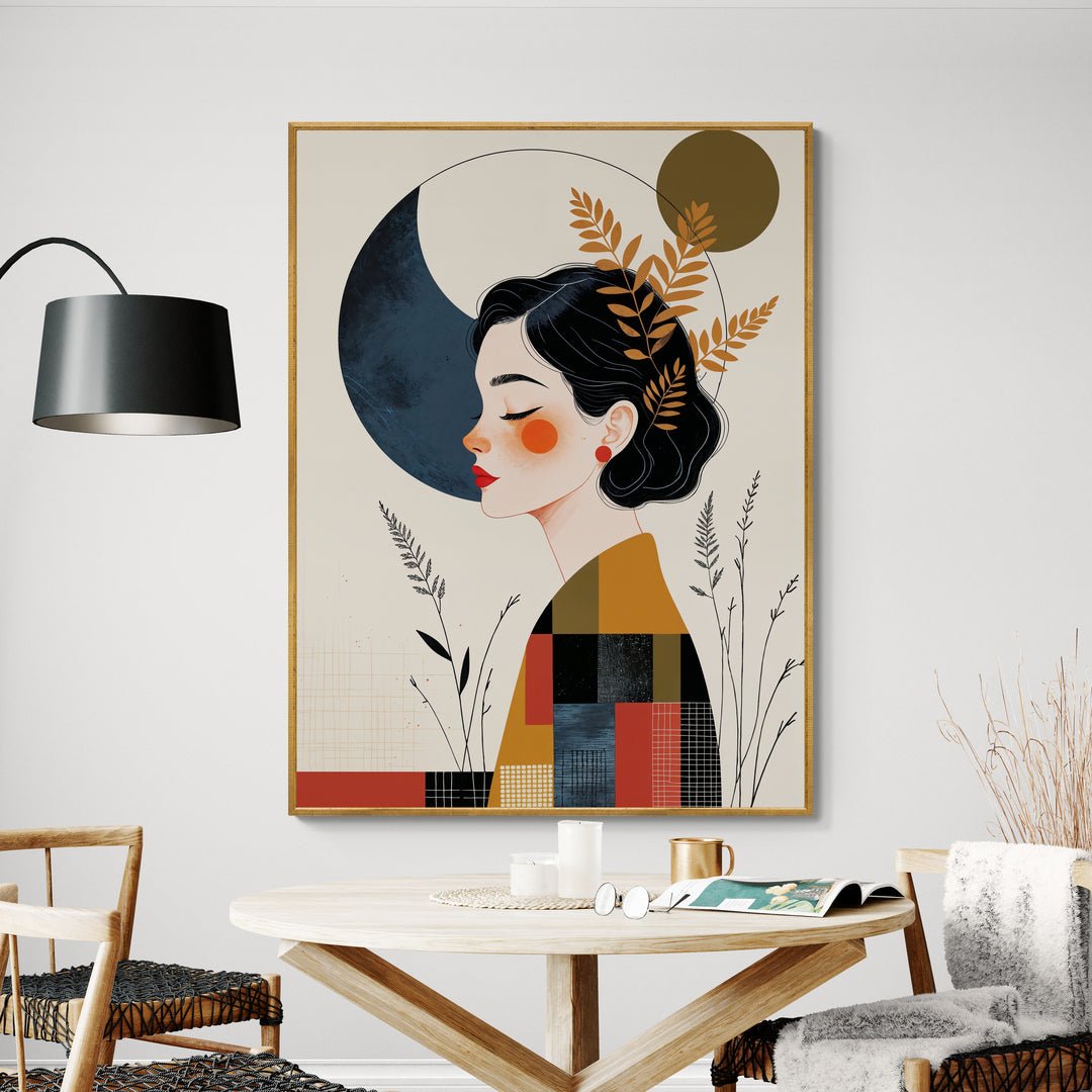 illustrazione contemporanea profilo donna palette ocra terracotta nero blu – stampa in vendita