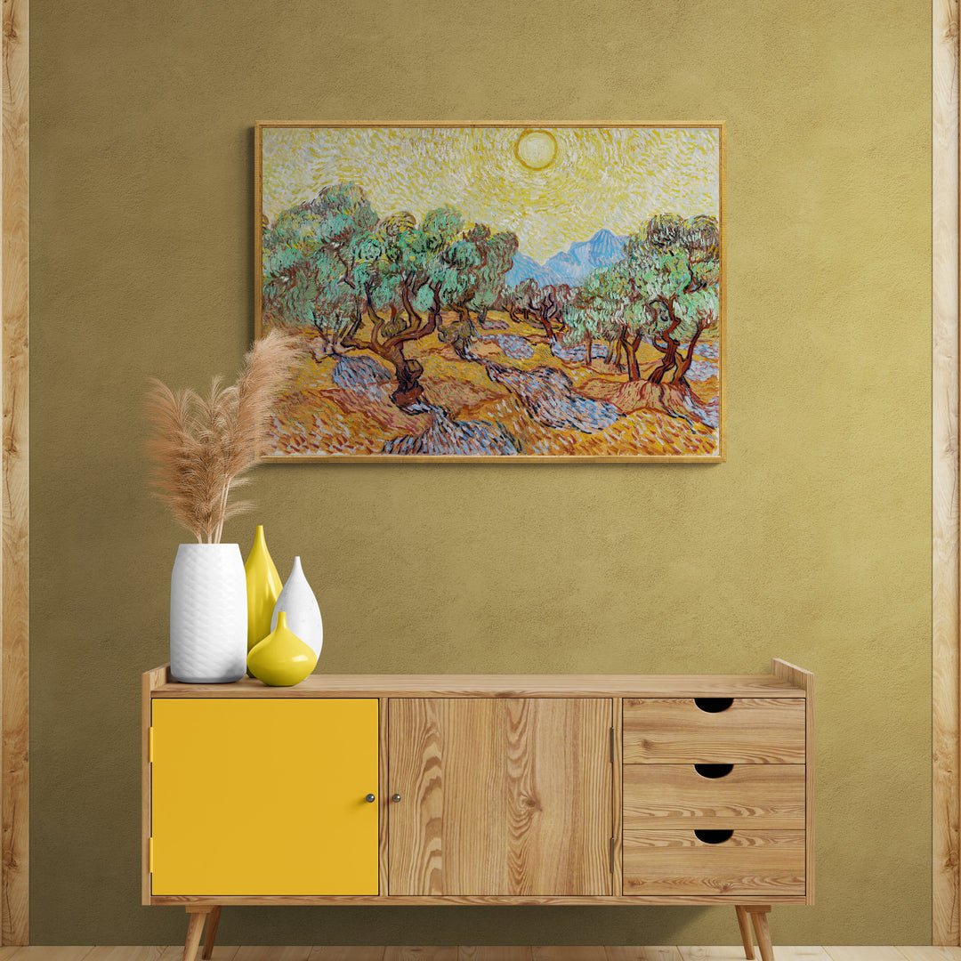Stampa su tela "Ulivi con cielo giallo e sole" per arredamento moderno
