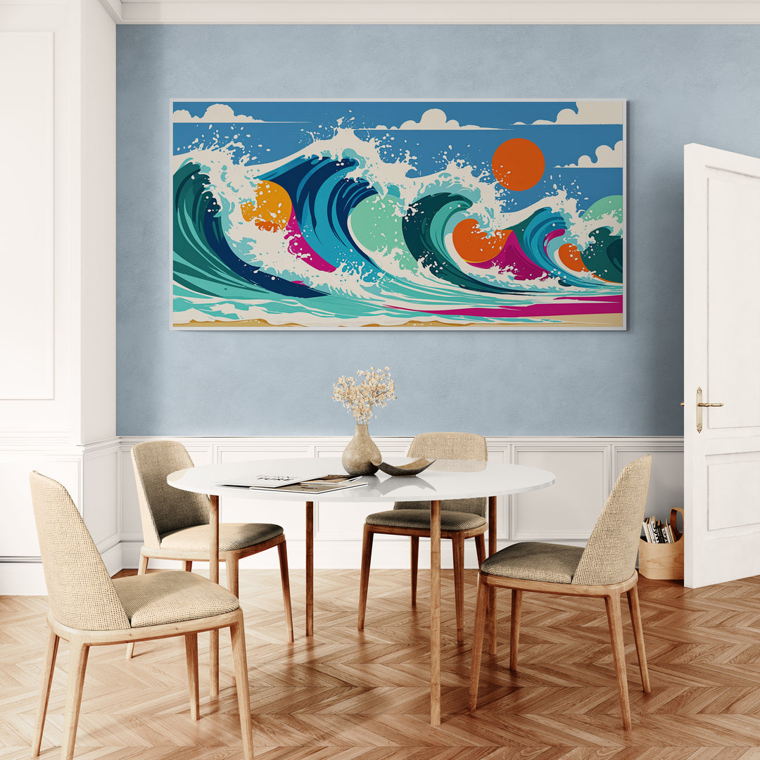 Stampa su tela con mare stilizzato e colori accesi