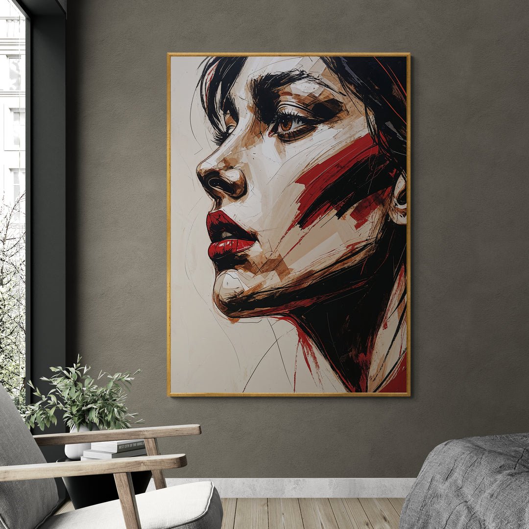 quadro contemporaneo profilo donna con pennellate rosse su fondo chiaro