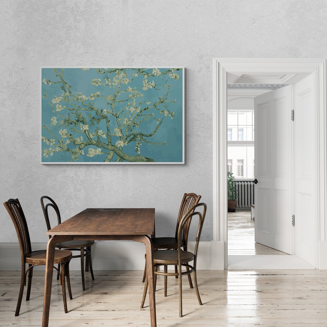 Quadro con fiori bianchi di mandorlo, arte botanica di Van Gogh su tela