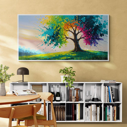 quadro astratto albero multicolore con spatolate e splash dinamici