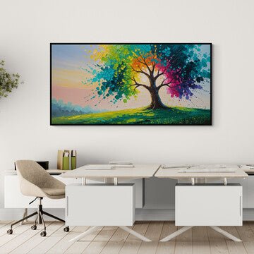 stampa artistica policotone albero colorato su cielo pastello