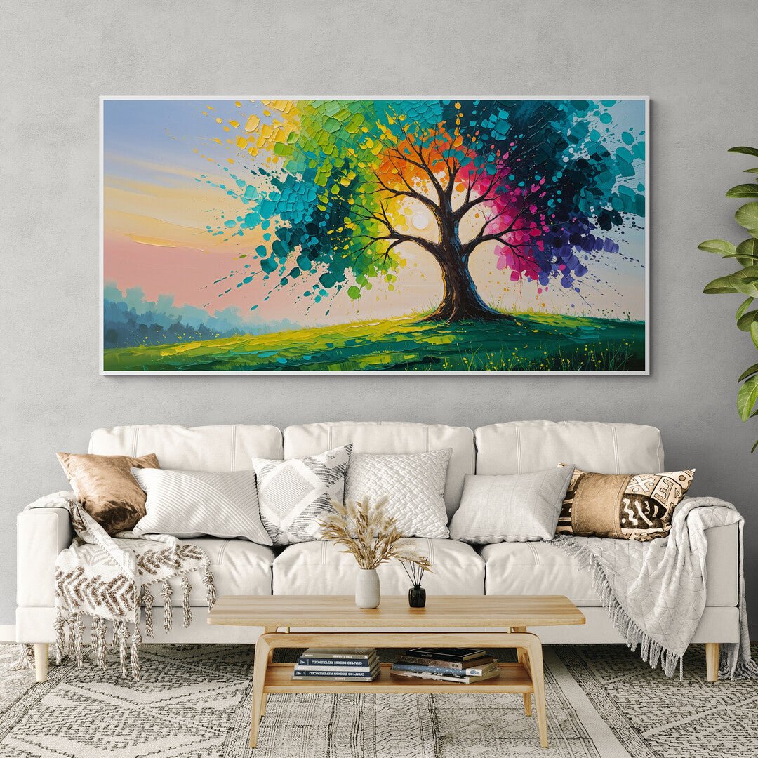 quadro decorativo contemporaneo con albero e sole soffuso