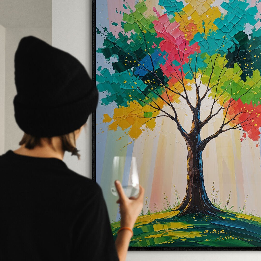 quadro albero colorato moderno con spatolate e raggi pastello