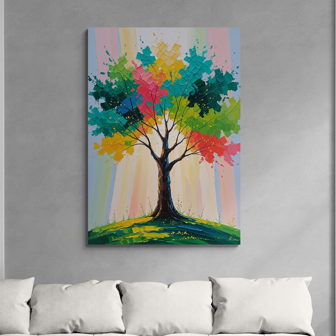 opera contemporanea albero a spatola con splash di colore