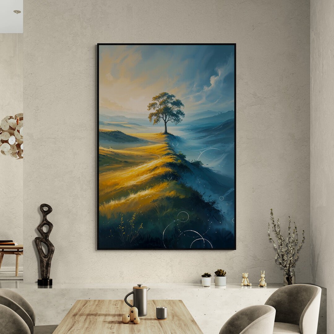 poster moderno albero su collina con cielo etereo