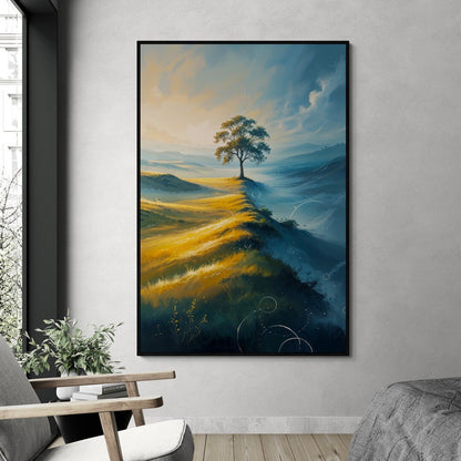 quadro albero solitario con luce d’alba e colline dorate