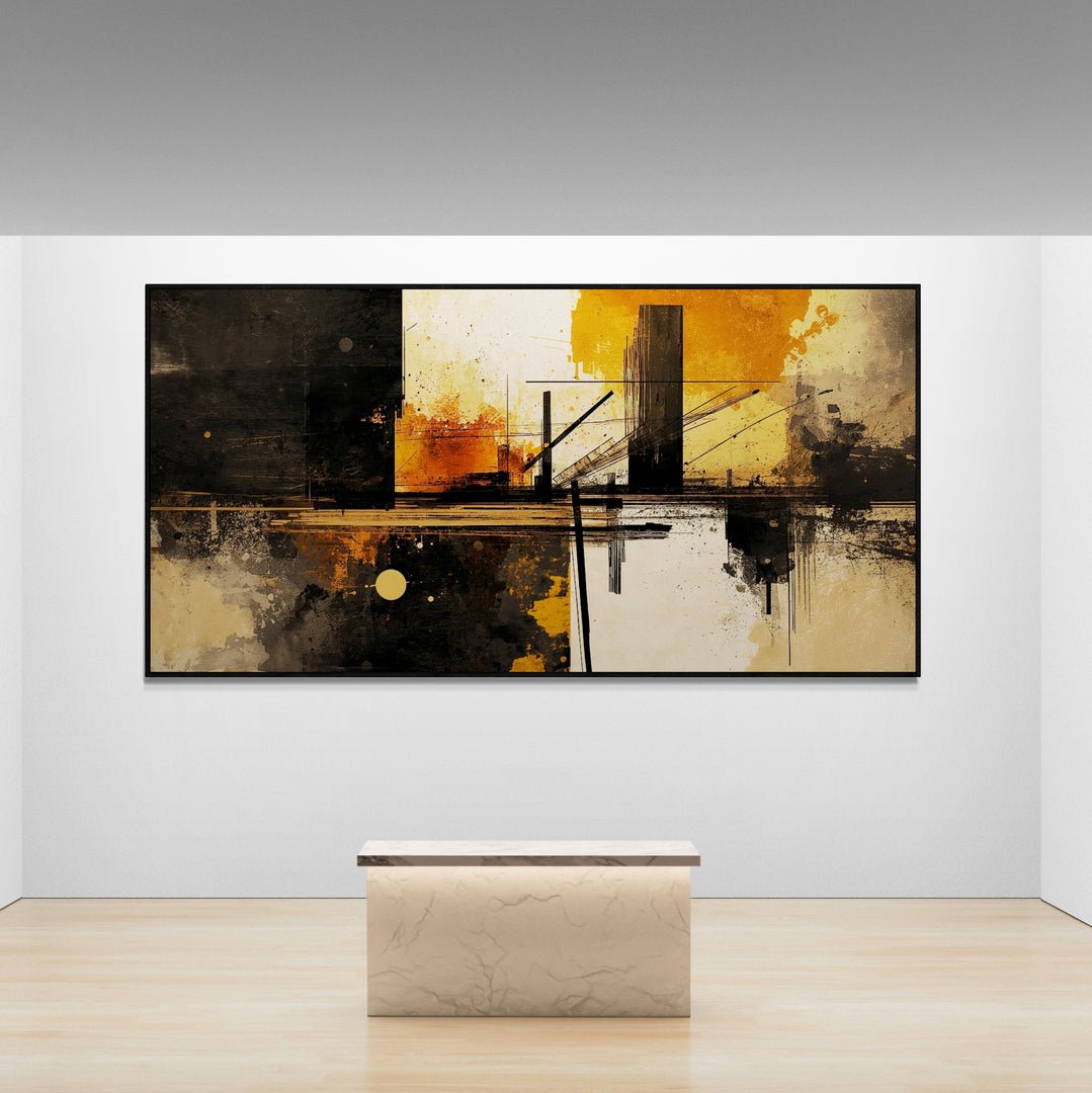 Arte astratta su tela con motivi architettonici e industriali
