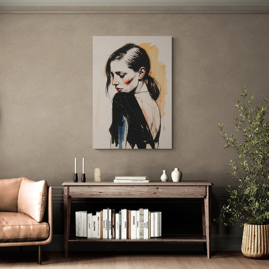 Primo piano del quadro A Un Soffio dal Vero con volto femminile stilizzato e colori caldi

