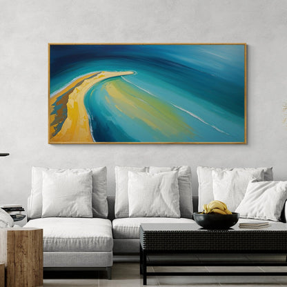 opera panoramica mare zaffiro e spiaggia ocra per casa al mare