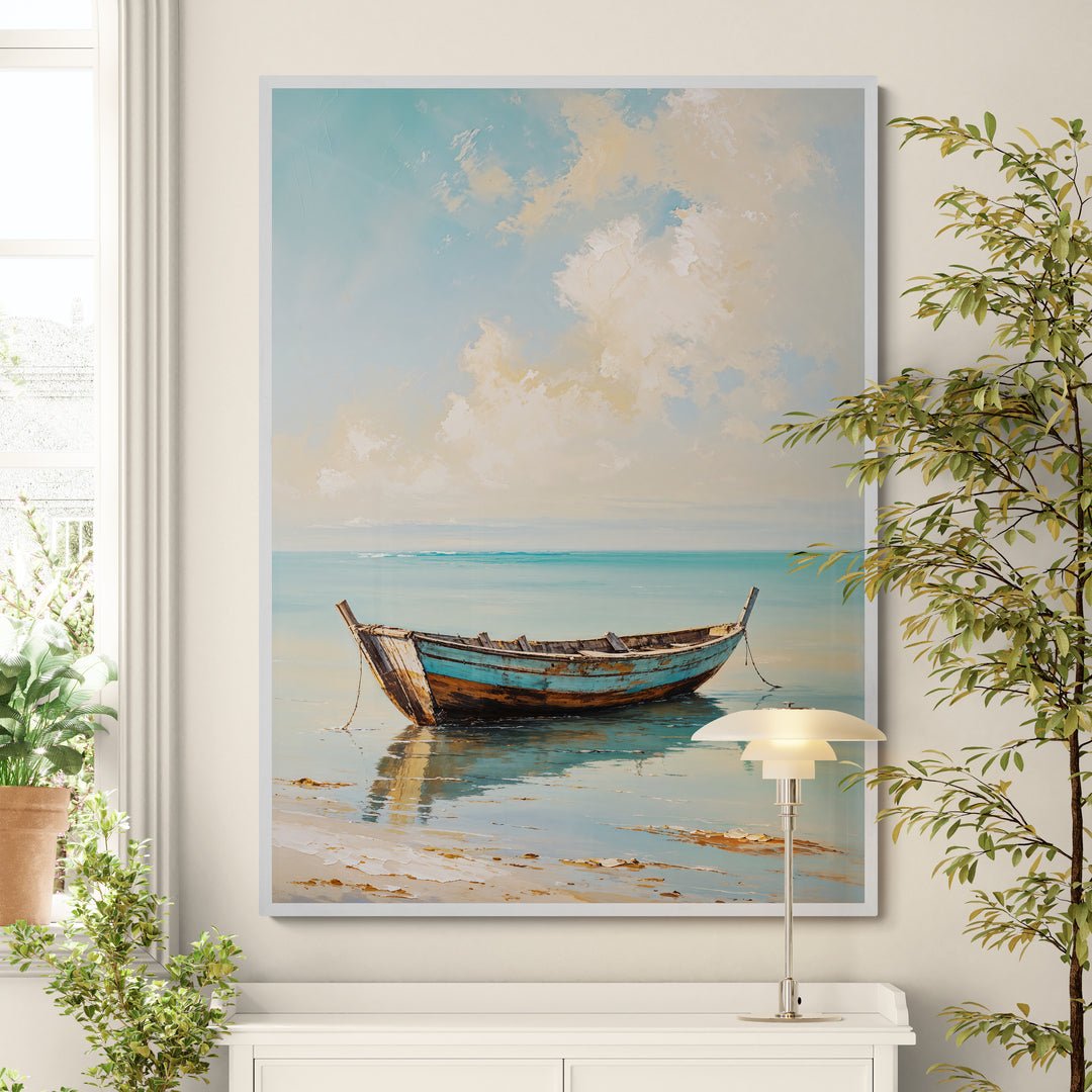barca in quiete quadro mare con barca cielo pastello stampa su policotone