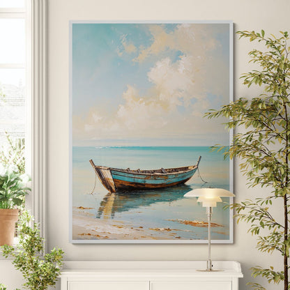 barca in quiete quadro mare con barca cielo pastello stampa su policotone