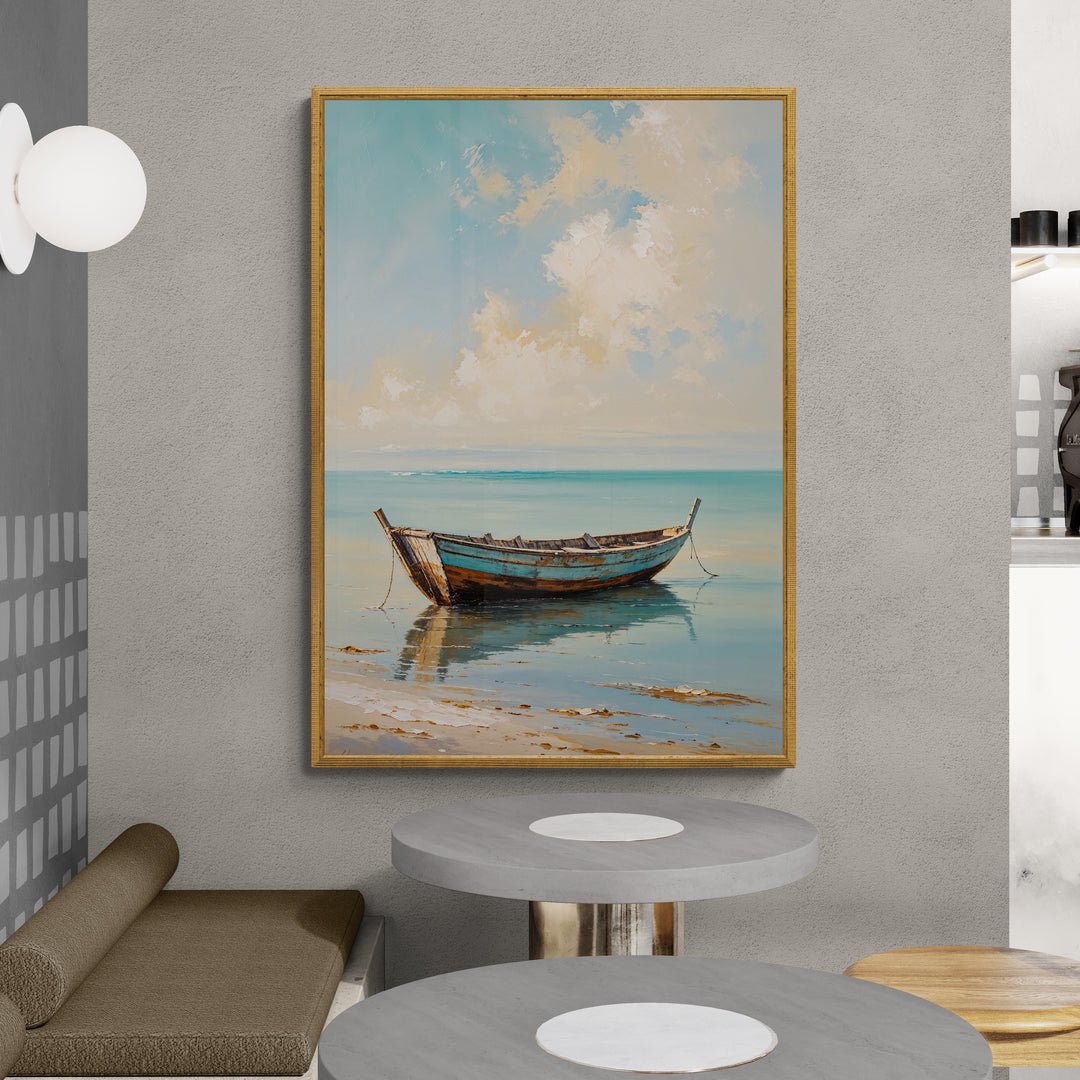 quadro marino barca di legno su acqua calma e nuvole leggere in vendita online
