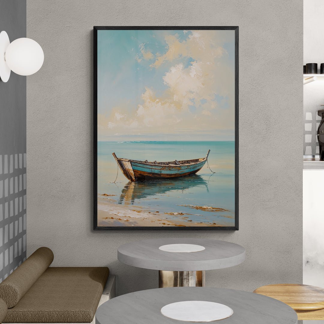 quadro verticale casa al mare barca su spiaggia e riflessi sull’acqua