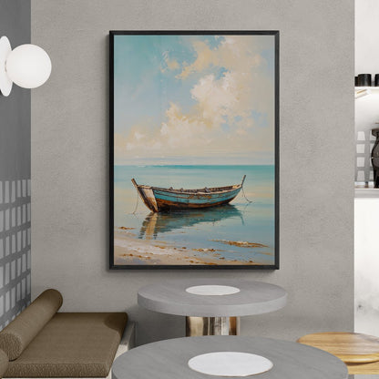 quadro verticale casa al mare barca su spiaggia e riflessi sull’acqua