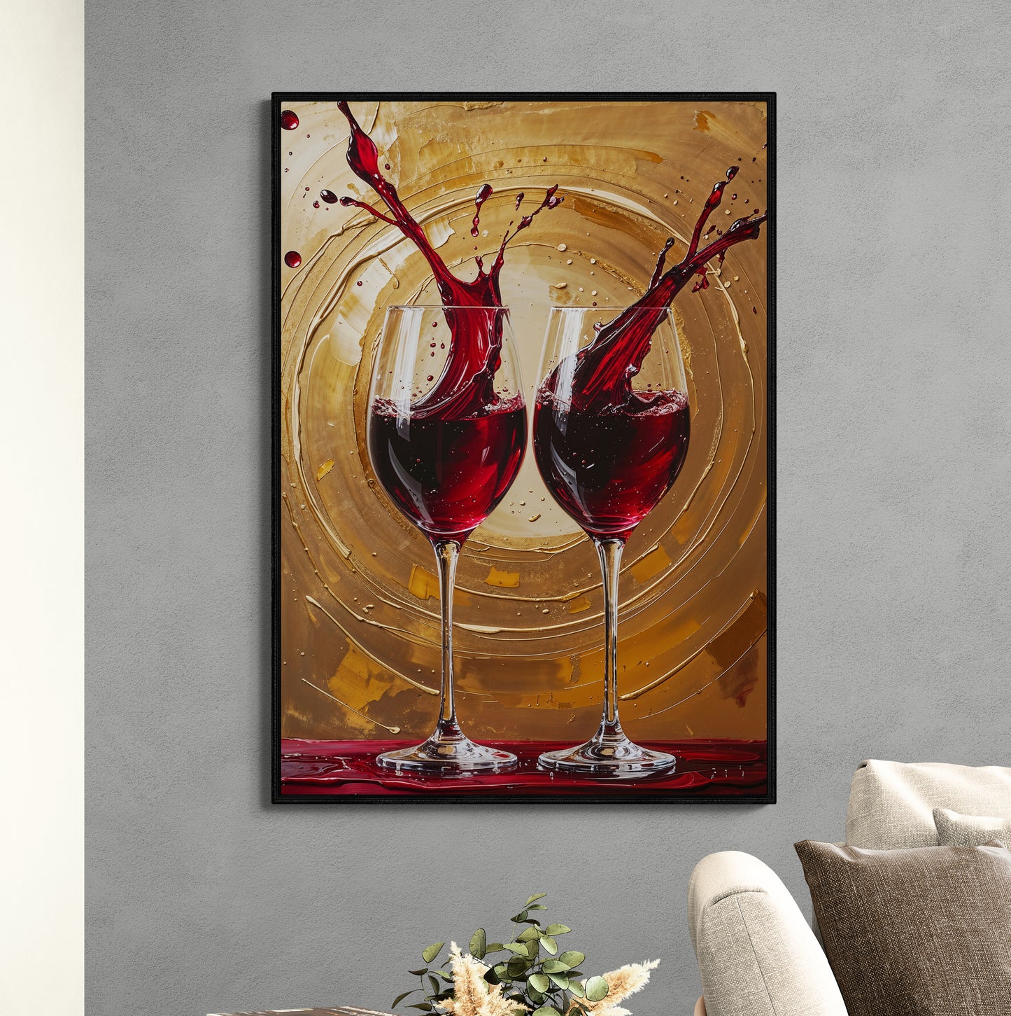 quadro decorativo moderno vino splash realistico e cerchi dorati
