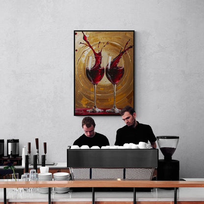 quadro moderno calici di vino rosso splash dinamico su sfondo oro in vendita online