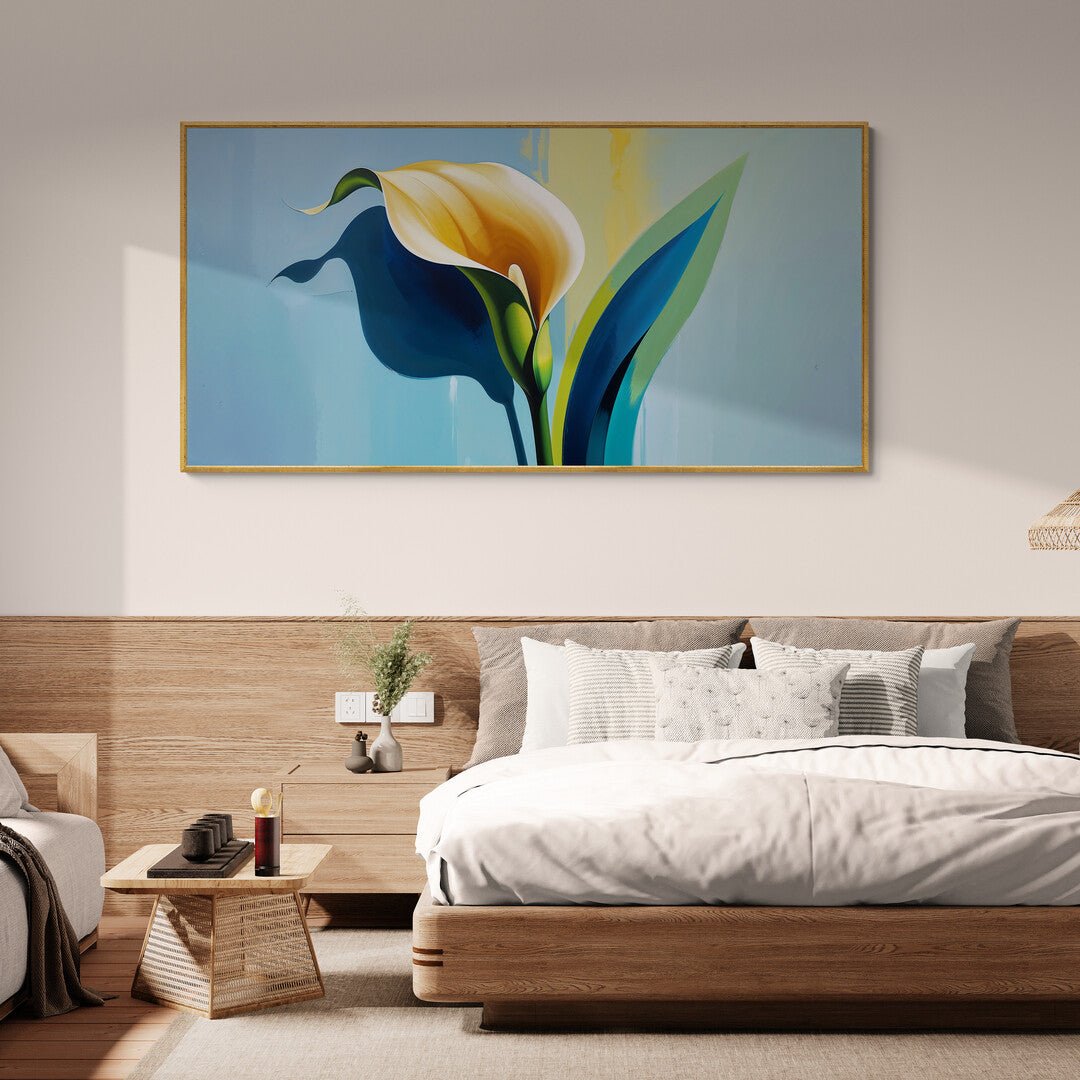 stampa artistica policotone fiore calla elegante fondo azzurro