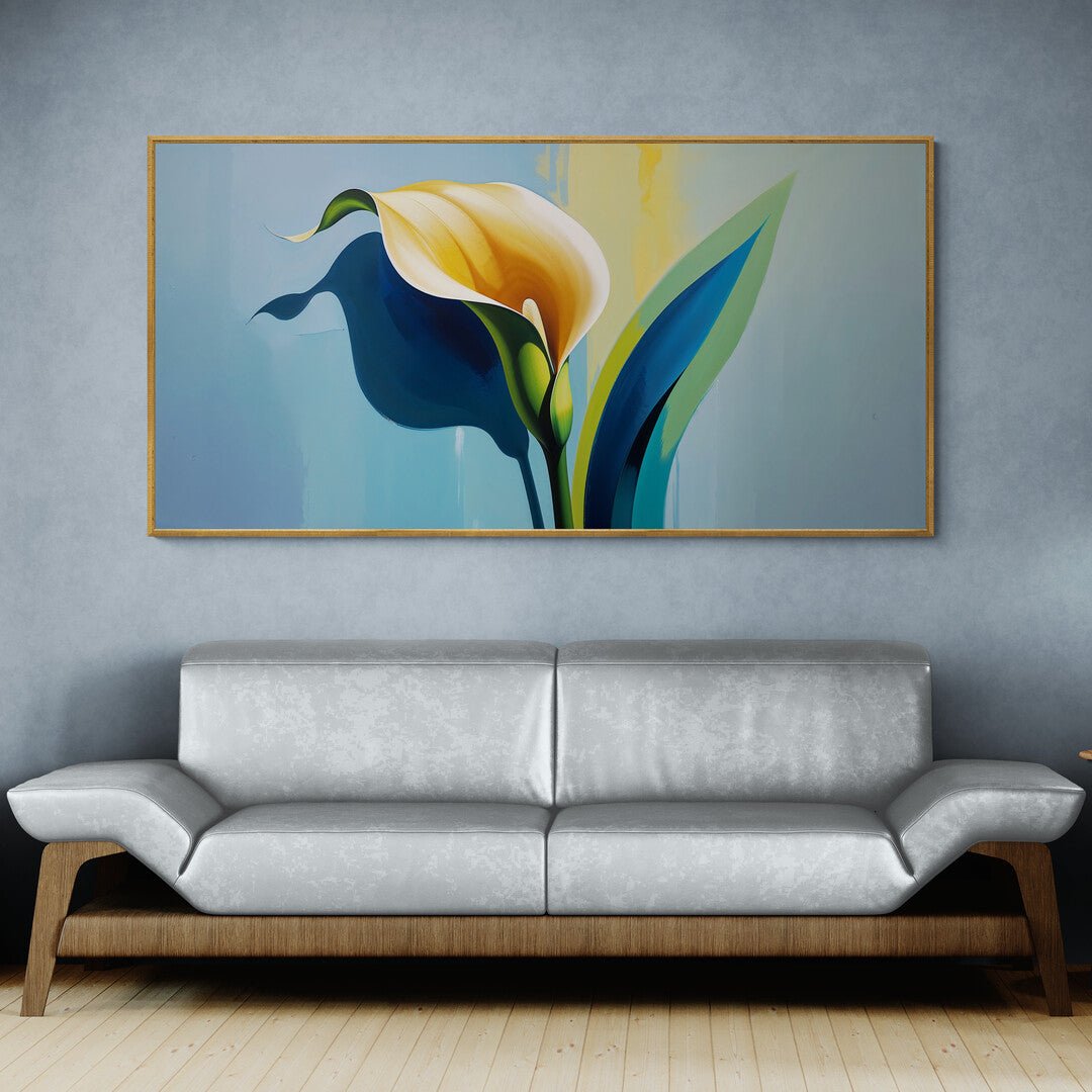 quadro elegante fiore singolo su fondo pastello blu