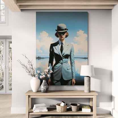 quadro surrealista ispirato a magritte donna in abito formale davanti al lago