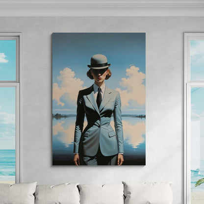 arte contemporanea donna con bombetta su sfondo lago specchiato – in vendita online