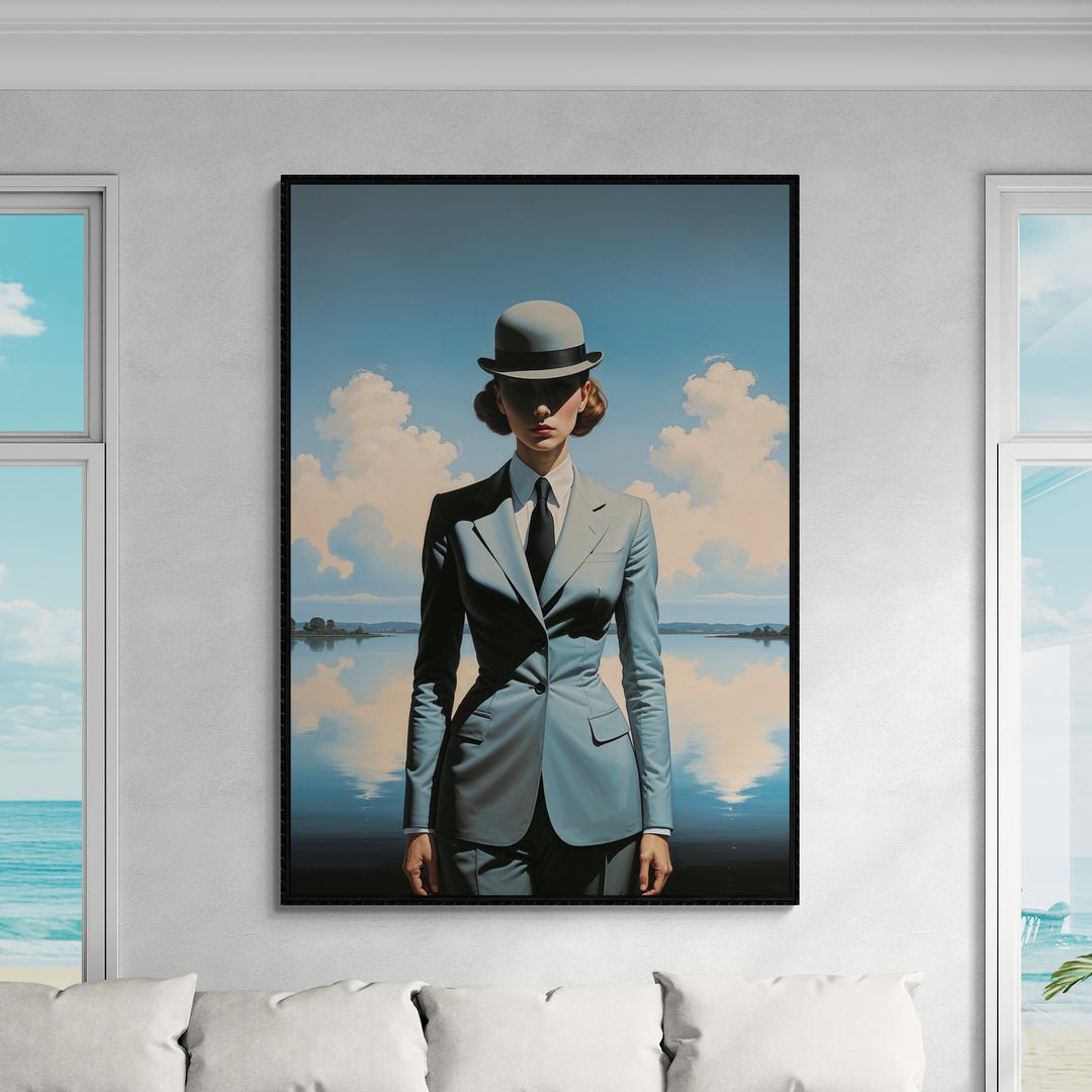 poster premium surrealismo ritratto femminile minimal nuvole soffici azzurro