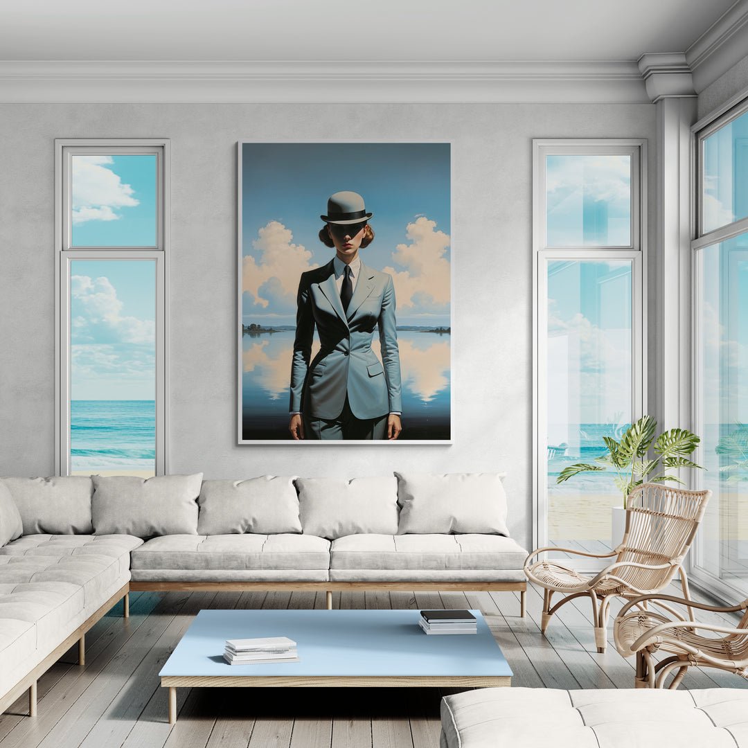 custode del riflesso stampa su policotone ritratto femminile con bombetta stile surrealista