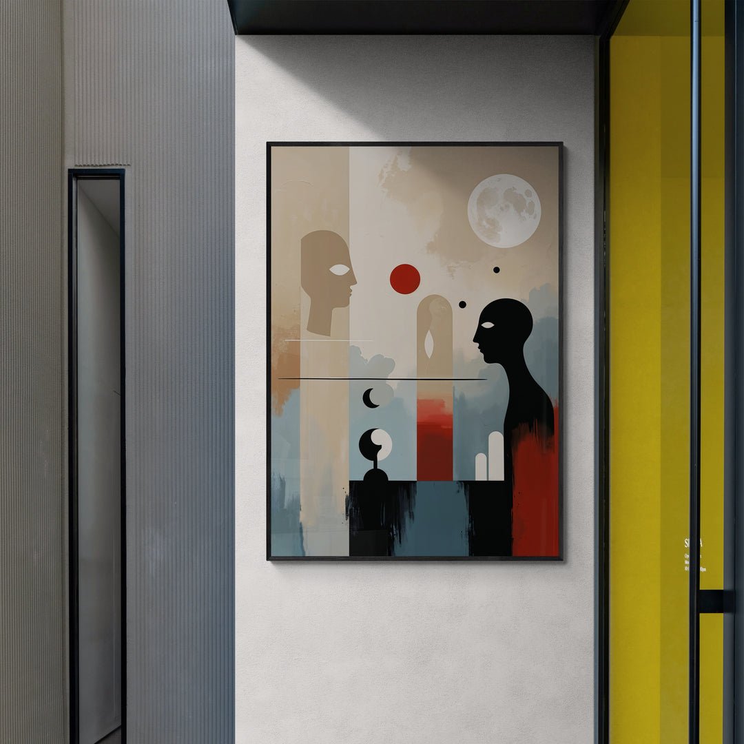 poster moderno astratto con figure e cerchi su fondo beige e azzurro