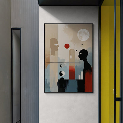 poster moderno astratto con figure e cerchi su fondo beige e azzurro